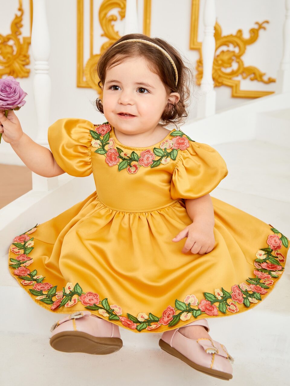 Baby Girl Floral Embroidery Appliques Puff Sleeve Dress