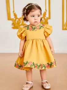 SHEIN 嬰兒女裝花卉刺繡貼片泡泡袖連身裙 - 芥末黃 - 查看 4