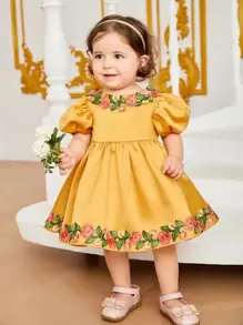 SHEIN 嬰兒女裝花卉刺繡貼片泡泡袖連身裙 - 芥末黃 - 查看 5