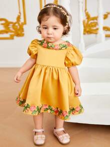 SHEIN 嬰兒女裝花卉刺繡貼片泡泡袖連身裙 - 芥末黃 - 查看 6