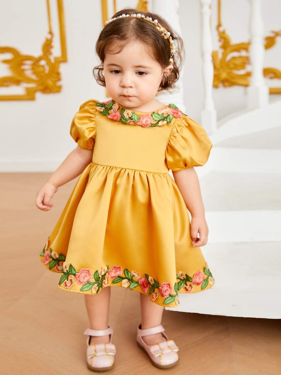 Baby Girl Floral Embroidery Appliques Puff Sleeve Dress
