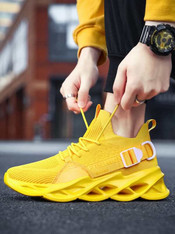 Men Lace-up Front Sneakers, Sporty Yellow Fabric Running Shoes