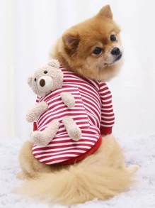 1pc Plaid & Cartoon Bear Decor Pet Sweatshirt,Pet Apparel For Small Medium Dog Cat - Red - View 1