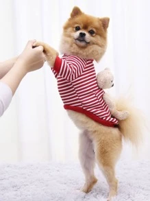 1pc Plaid & Cartoon Bear Decor Pet Sweatshirt,Pet Apparel For Small Medium Dog Cat - Red - View 3