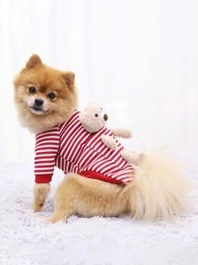 1pc Plaid & Cartoon Bear Decor Pet Sweatshirt,Pet Apparel For Small Medium Dog Cat - Red - View 4