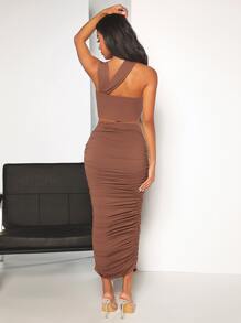 SHEIN BAE 不對稱領短款上衣和褶邊鉛筆裙 - 摩卡棕 - 查看 2