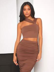 SHEIN BAE 不對稱領短款上衣和褶邊鉛筆裙 - 摩卡棕 - 查看 3