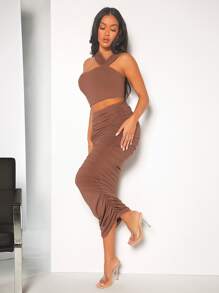 SHEIN BAE 不對稱領短款上衣和褶邊鉛筆裙 - 摩卡棕 - 查看 5