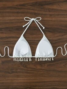 珍珠流蘇下擺吊脖三角杯比基尼上衣 - 白色 - 查看 2