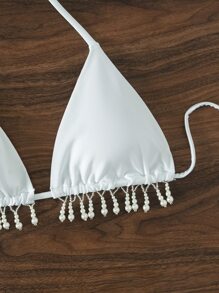 珍珠流蘇下擺吊脖三角杯比基尼上衣 - 白色 - 查看 3