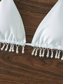 珍珠流蘇下擺吊脖三角杯比基尼上衣 - 白色 - 查看 4