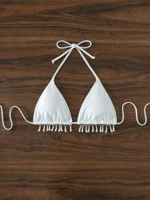 珍珠流蘇下擺吊脖三角杯比基尼上衣 - 白色 - 查看 5