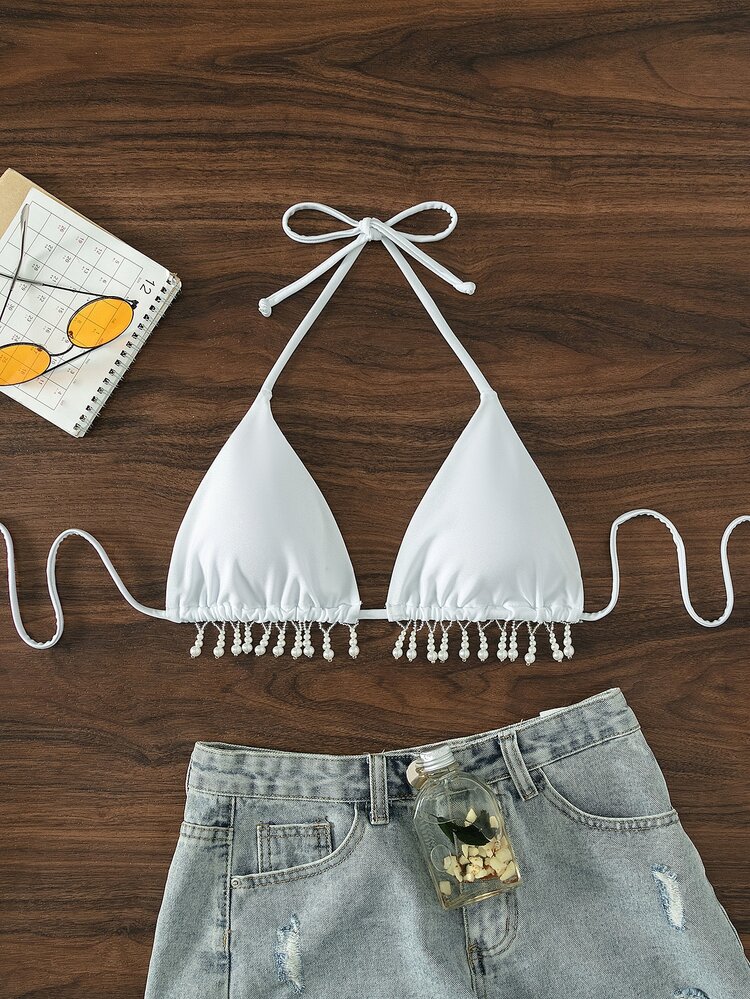 珍珠流蘇下擺吊脖三角杯比基尼上衣 - 白色 - 查看 6