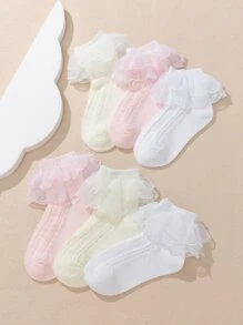 6 Pairs Girls' Lace Trim Ankle Socks, Princess Style - Multicolor - View 3