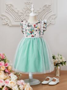 Toddler Girls Floral Print Ruffle Trim Mesh Hem Dress - Multicolor - View 1