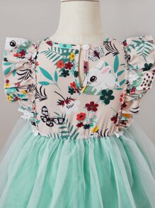 Toddler Girls Floral Print Ruffle Trim Mesh Hem Dress - Multicolor - View 3