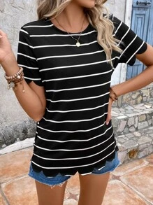 SHEIN LUNE 條紋印花T恤 - 黑色 - 查看 2