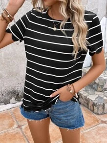 SHEIN LUNE 條紋印花T恤 - 黑色 - 查看 5