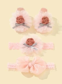 1pair Baby Flower Decor Socks & 2pcs Hair Band - Pink - View 1