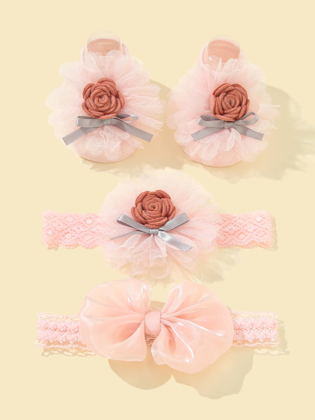 1pair Baby Flower Decor Socks & 2pcs Hair Band - Pink - View 1