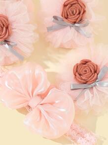 1pair Baby Flower Decor Socks & 2pcs Hair Band - Pink - View 3