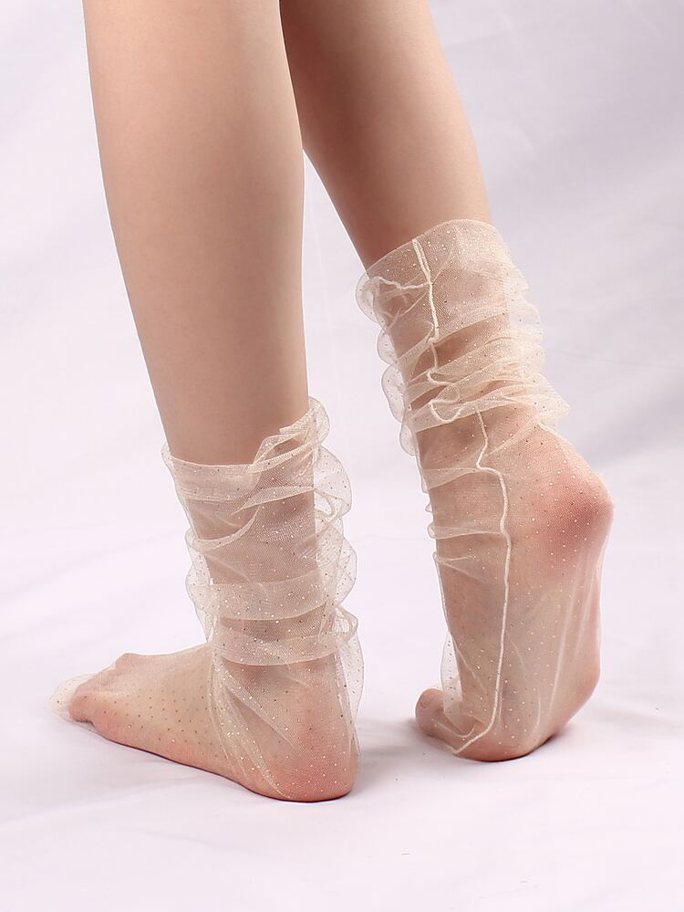 2pairs Glitter Detail Mesh Socks - Black and White - View 4