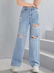 SHEIN Teen Girls Ripped Washed Jeans - Light Wash - View 1