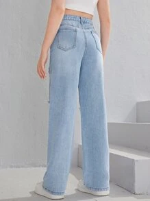 SHEIN Teen Girls Ripped Washed Jeans - Light Wash - View 2