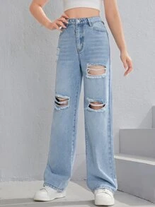 SHEIN Teen Girls Ripped Washed Jeans - Light Wash - View 3