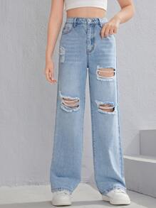 SHEIN Teen Girls Ripped Washed Jeans - Light Wash - View 4
