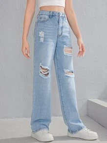 SHEIN Teen Girls Ripped Washed Jeans - Light Wash - View 6