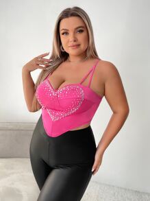 SHEIN SXY 大碼水鑽愛心圖案頭巾下擺吊帶上衣 - 粉色 - 查看 3