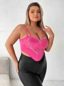 SHEIN SXY 大碼水鑽愛心圖案頭巾下擺吊帶上衣 - 粉色 - 查看 4