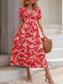 SHEIN Holidaya 印花深V領泡泡袖連衣裙 - 粉色 - 查看 6