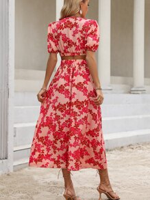 SHEIN Holidaya 印花深V領泡泡袖連衣裙 - 粉色 - 查看 2