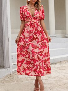 SHEIN Holidaya 印花深V領泡泡袖連衣裙 - 粉色 - 查看 4