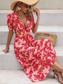 SHEIN Holidaya 印花深V領泡泡袖連衣裙 - 粉色 - 查看 1
