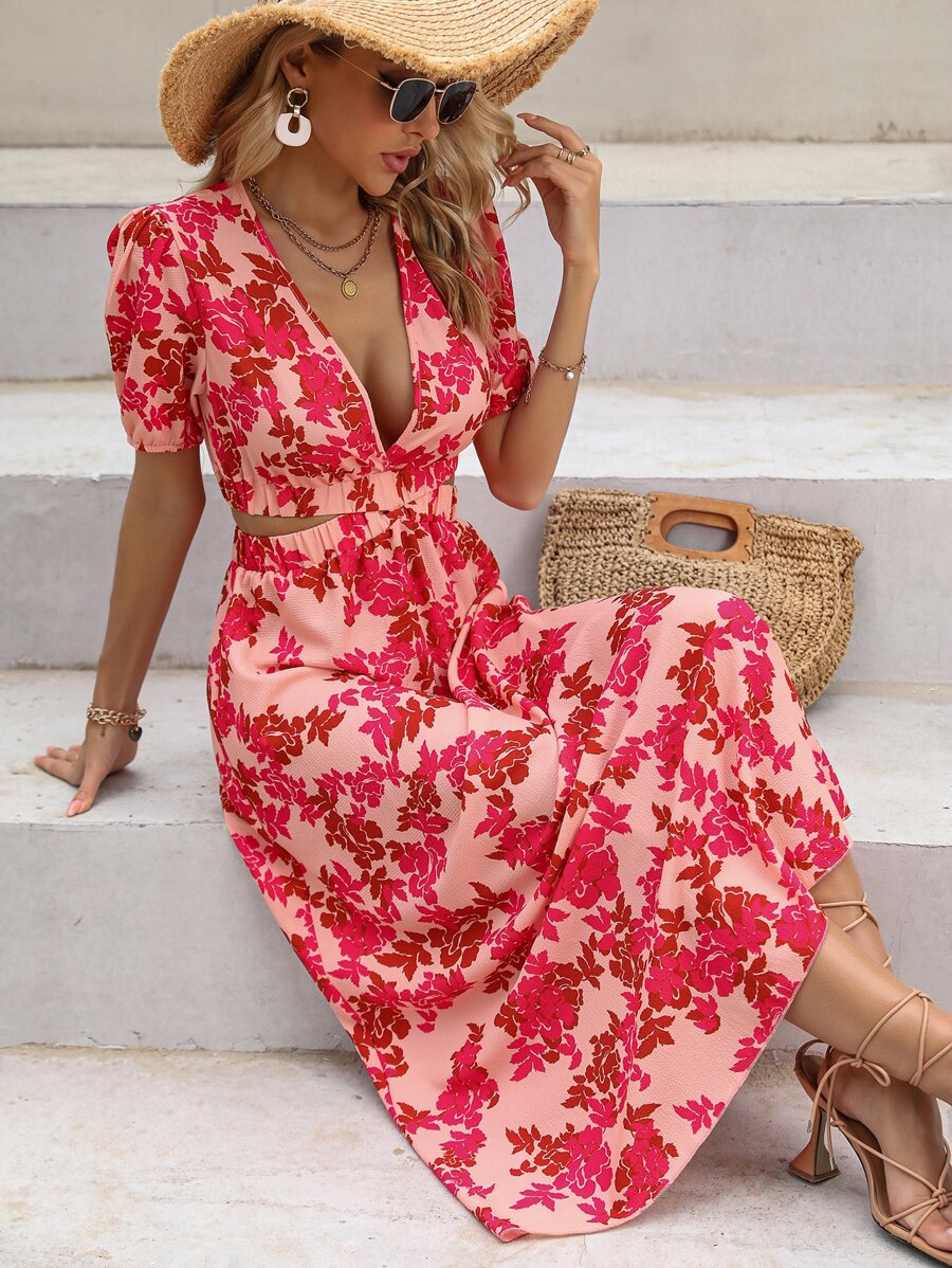 SHEIN Holidaya 印花深V領泡泡袖連衣裙 - 粉色 - 查看 1