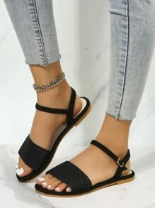 女性搭扣裝飾平底時尚黑色仿麂皮踝帶平底涼鞋 - 黑色 - 查看 1