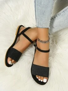 女性搭扣裝飾平底時尚黑色仿麂皮踝帶平底涼鞋 - 黑色 - 查看 4