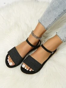 女性搭扣裝飾平底時尚黑色仿麂皮踝帶平底涼鞋 - 黑色 - 查看 5