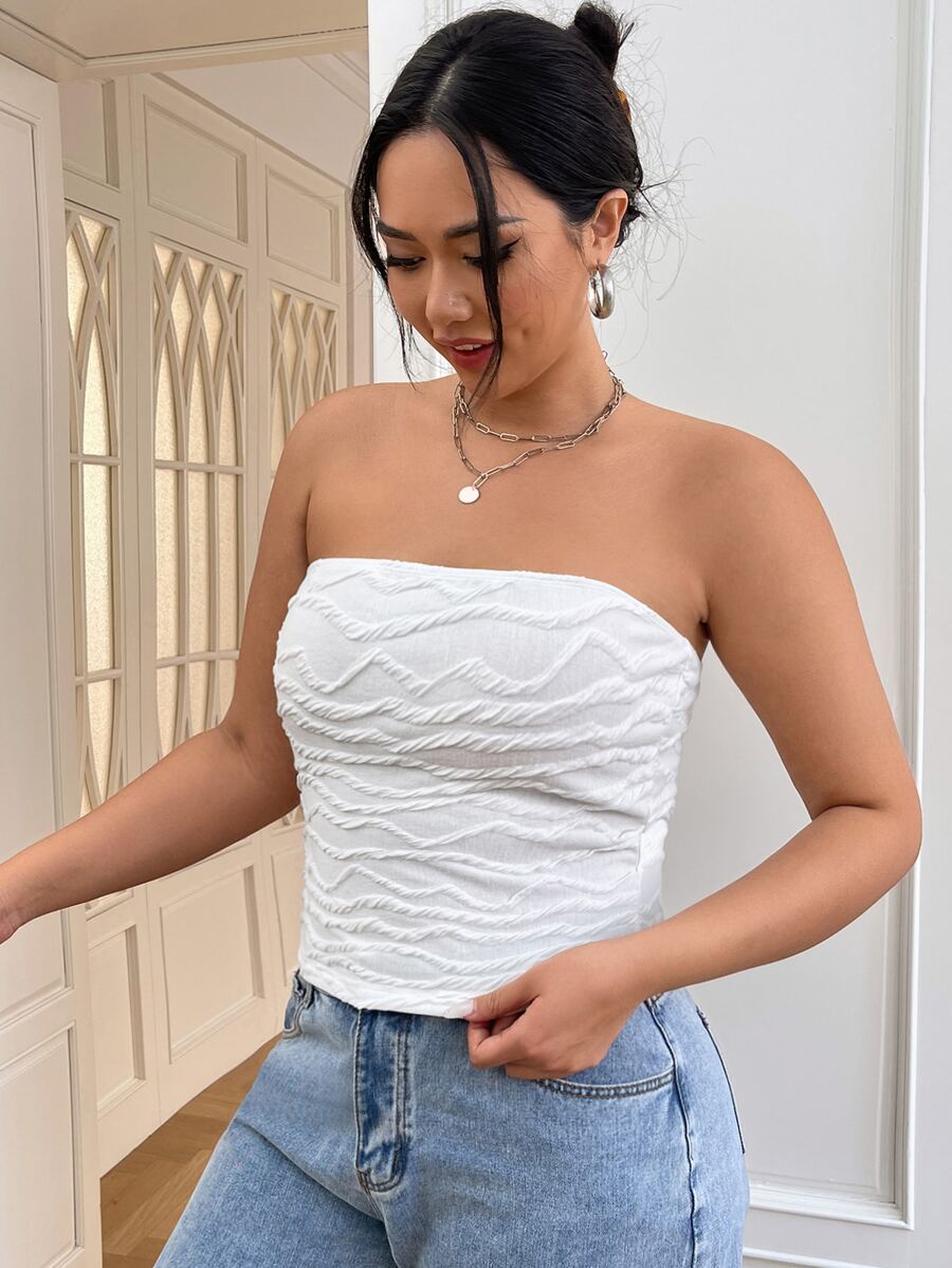 SHEIN EZwear Plus Textured Tube Top - White - View 1