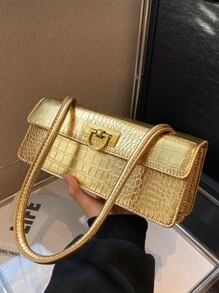 Metallic Crocodile Embossed Flap Bag - Gold - View 1