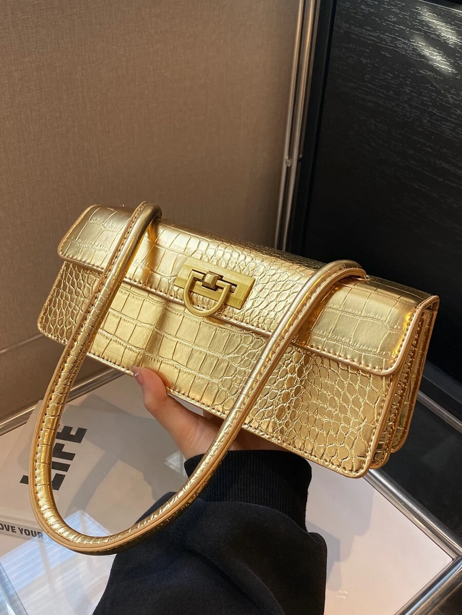 Metallic Crocodile Embossed Flap Bag - Gold - View 1