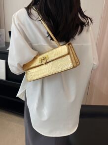 Metallic Crocodile Embossed Flap Bag - Gold - View 4
