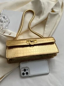 Metallic Crocodile Embossed Flap Bag - Gold - View 5