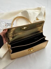 Metallic Crocodile Embossed Flap Bag - Gold - View 6