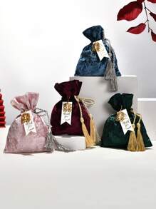 1pc Polyester Gift Bag, Tassel Decor Candy Wrapping Bag For Wedding Party - Burgundy - View 3