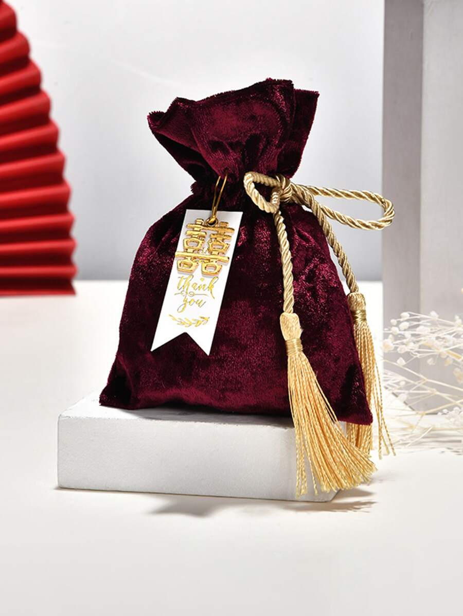 1pc Polyester Gift Bag, Tassel Decor Candy Wrapping Bag For Wedding Party - Burgundy - View 1