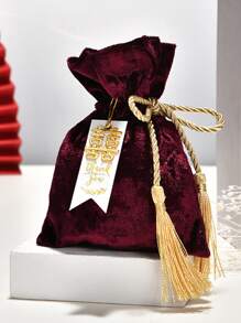 1pc Polyester Gift Bag, Tassel Decor Candy Wrapping Bag For Wedding Party - Burgundy - View 5